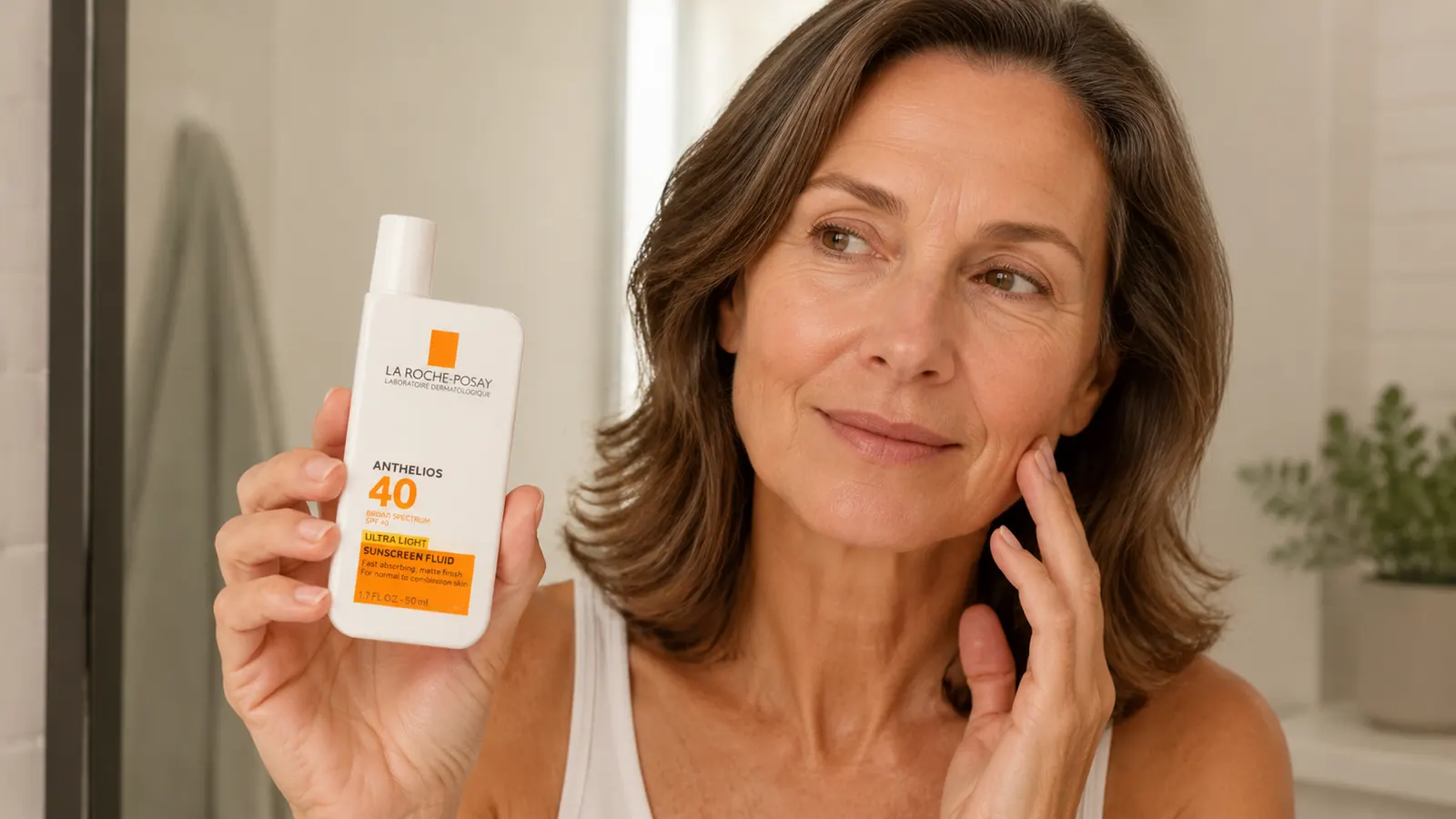 La Roche-Posay Anthelios SPF 40 bottle held by a woman's hand outdoors in natural light