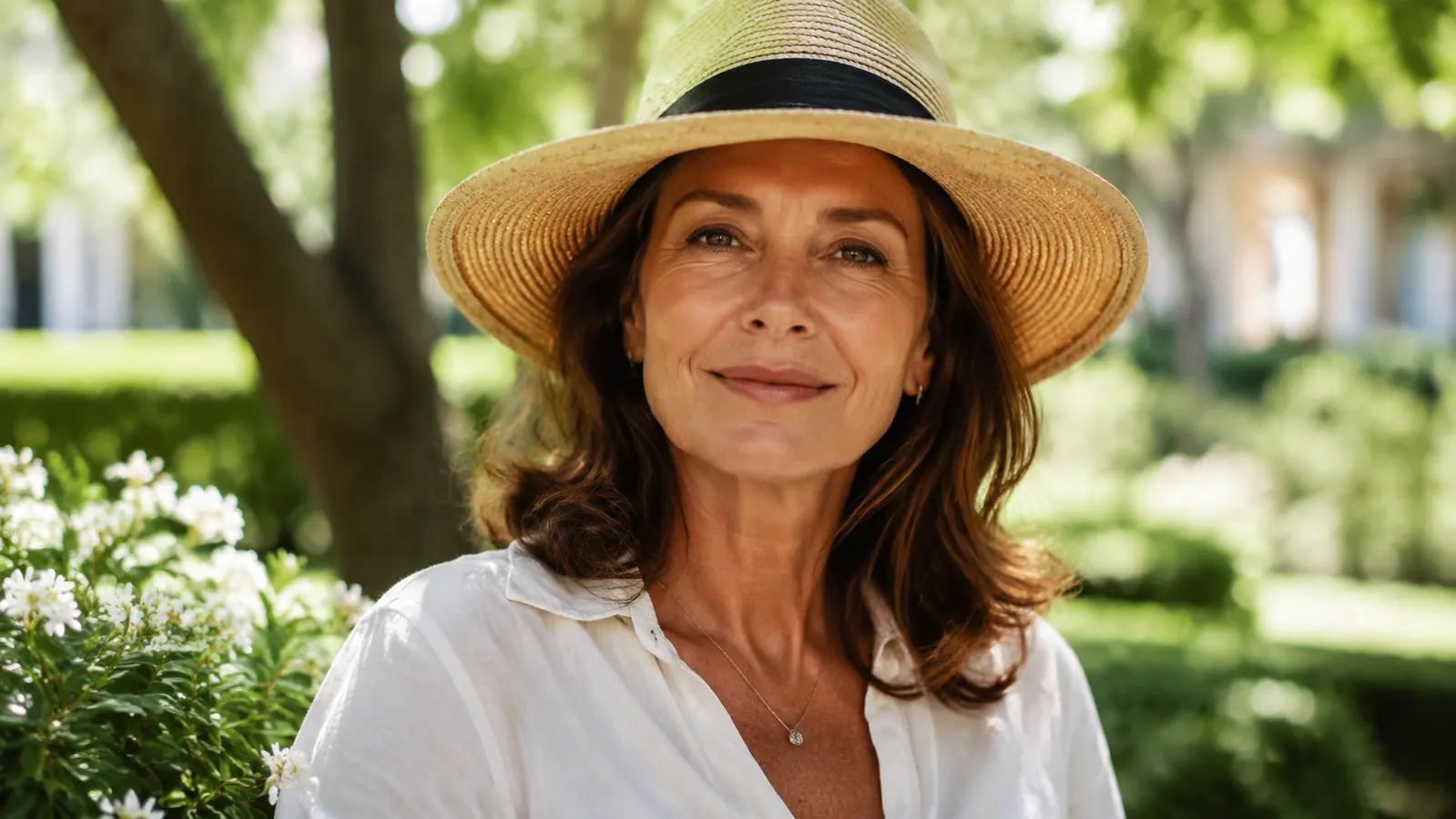 Woman smiling outdoors on a bright day, healthy glowing skin, wearing hat and sunscreen