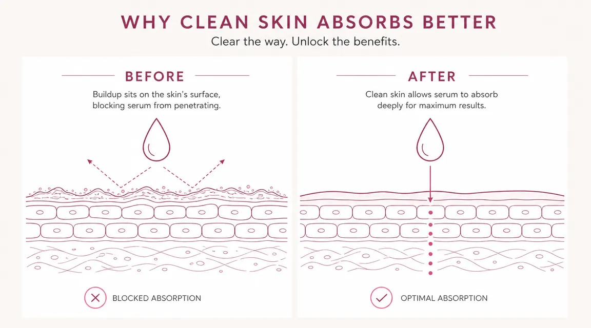Diagram showing a cross-section of skin before and after using an electric exfoliating brush, illustrating improved serum absorption