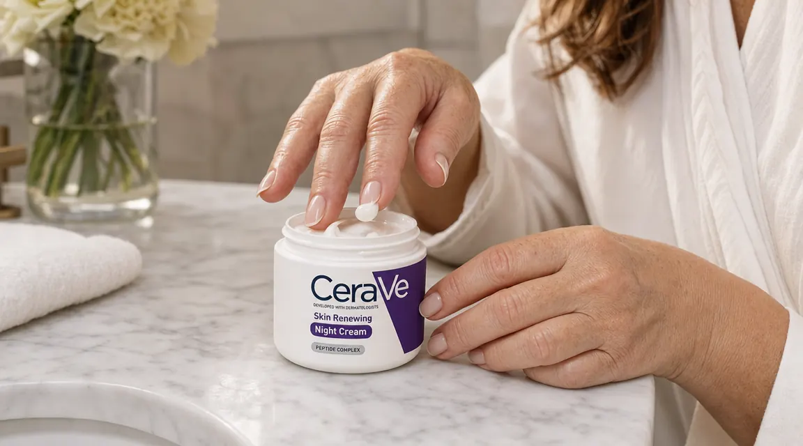 CeraVe Skin Renewing Night Cream jar open on a marble bathroom counter