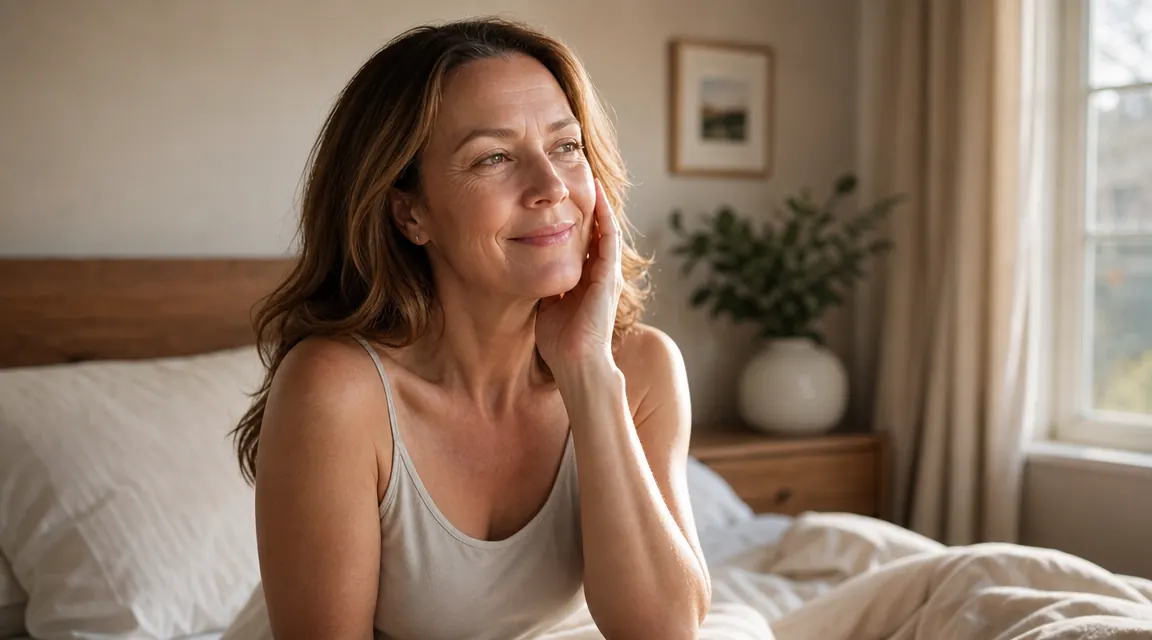 Woman waking up and touching her cheek with a pleased expression in morning sunlight