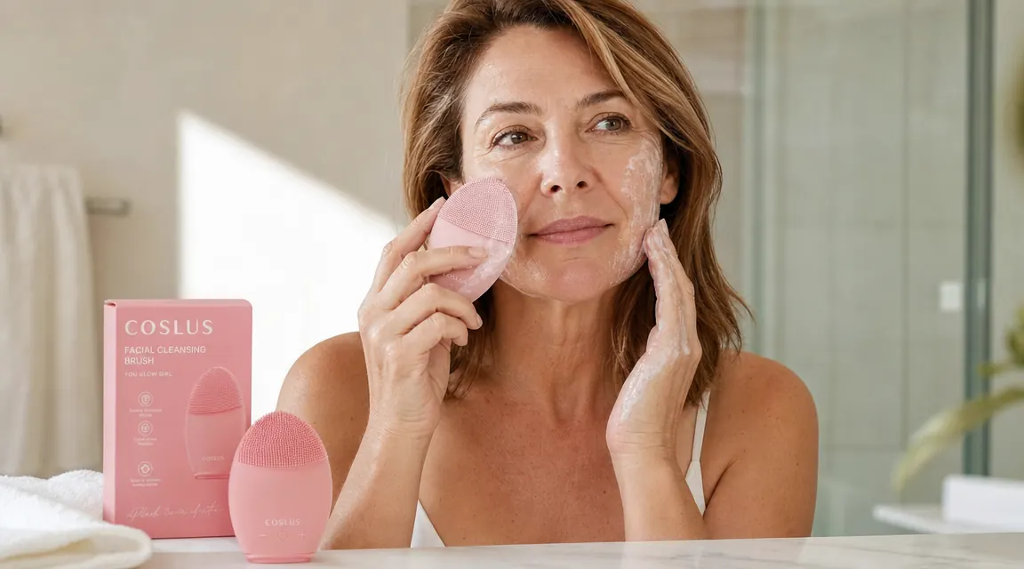 Woman in her 40s holding a silicone cleansing brush against her cheek while washing her face at the sink