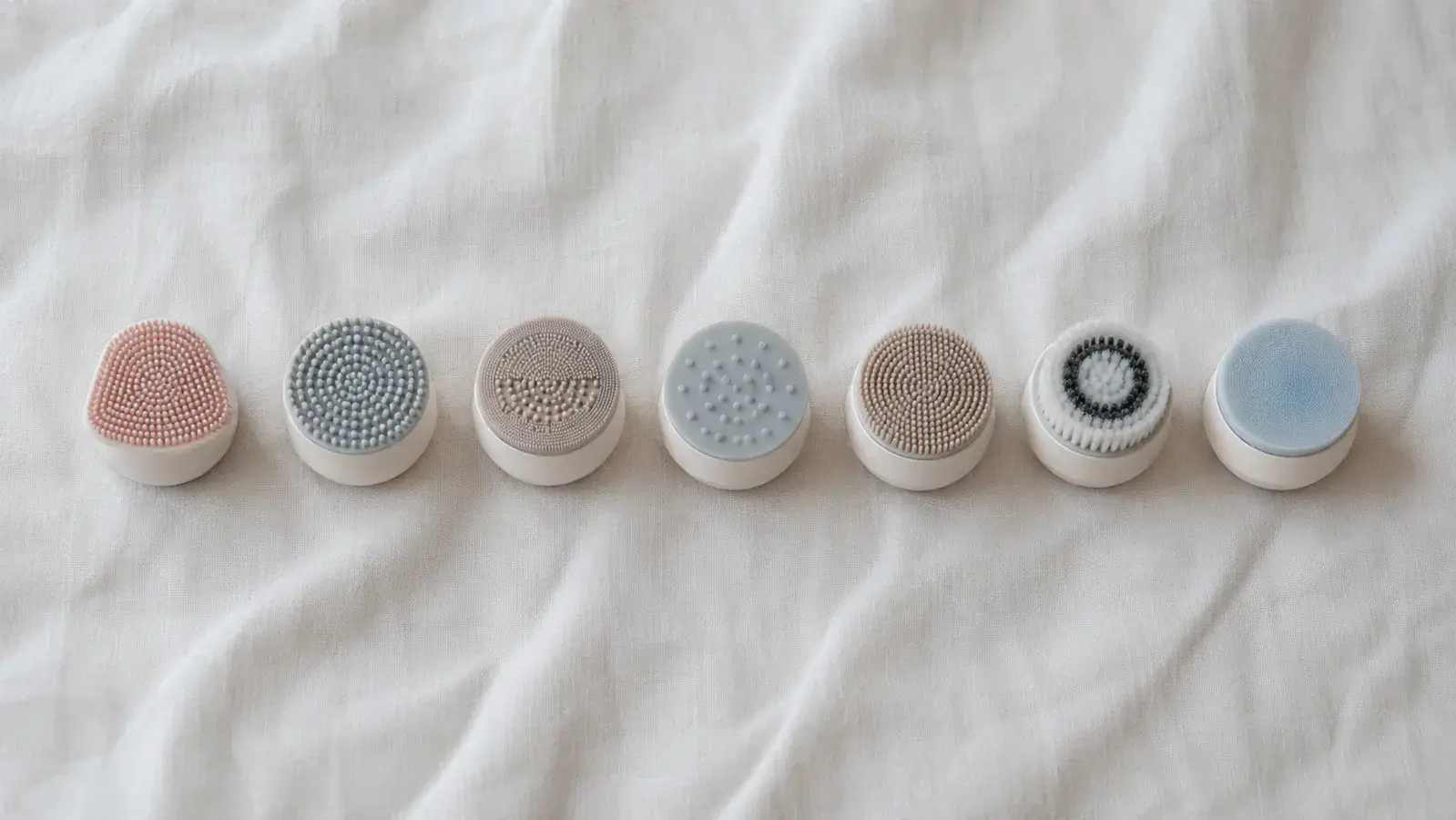 All seven COSLUS attachment heads laid out on a clean surface showing size and shape differences