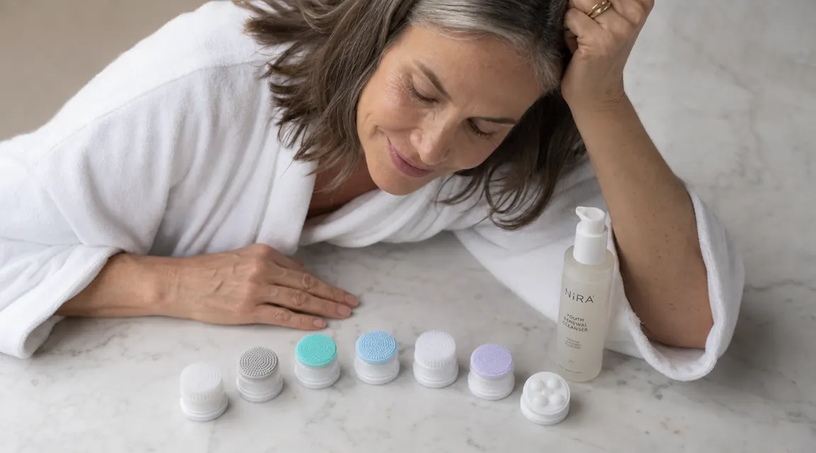 Flat lay of COSLUS brush attachments spread on a marble surface next to a cleanser bottle