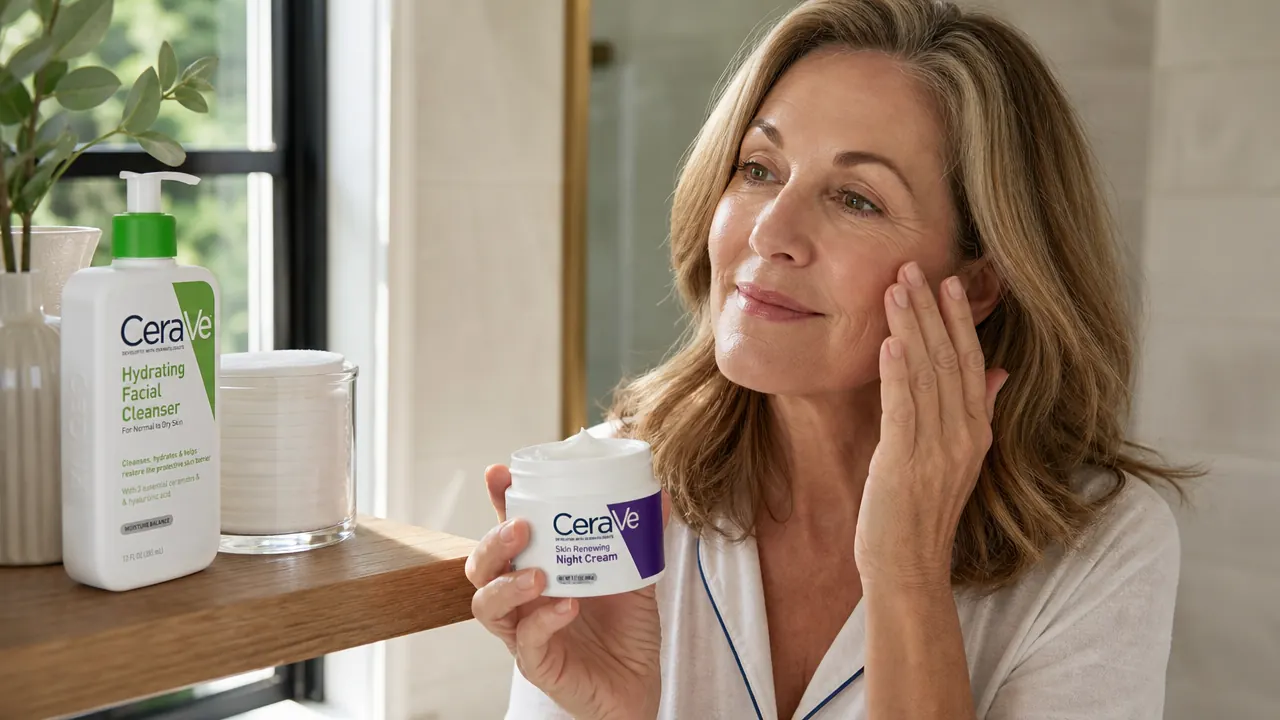 CeraVe Skin Renewing Night Cream jar on a bathroom shelf next to other simple skincare products