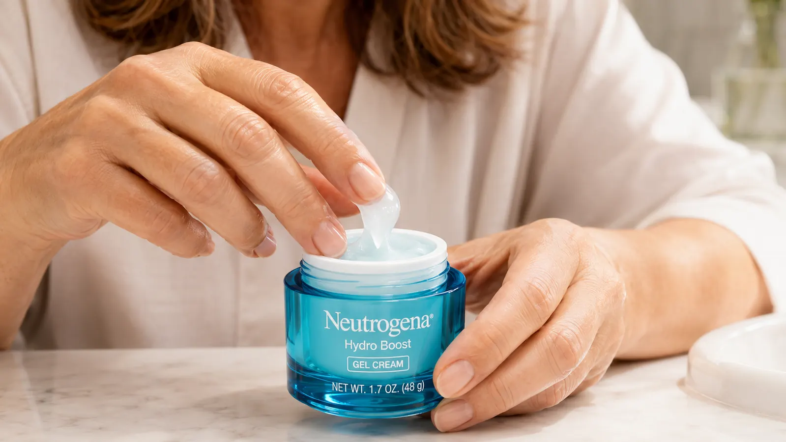 Hand scooping a small amount of clear gel cream from an open jar of Neutrogena Hydro Boost onto fingertips