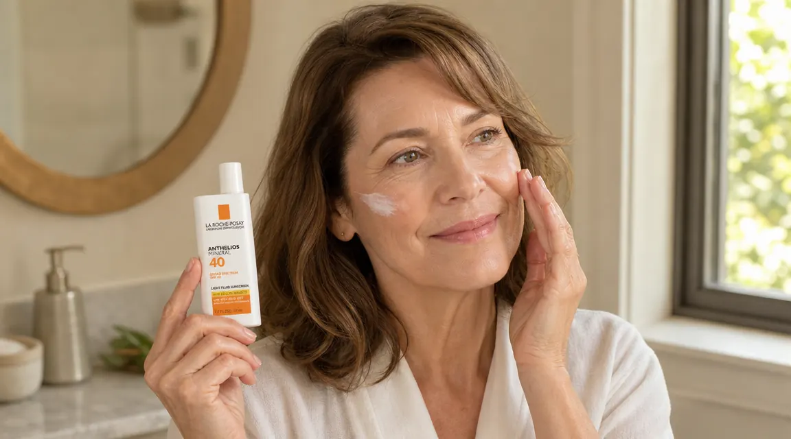 La Roche-Posay Anthelios SPF 40 bottle held in a woman's palm against a bathroom counter