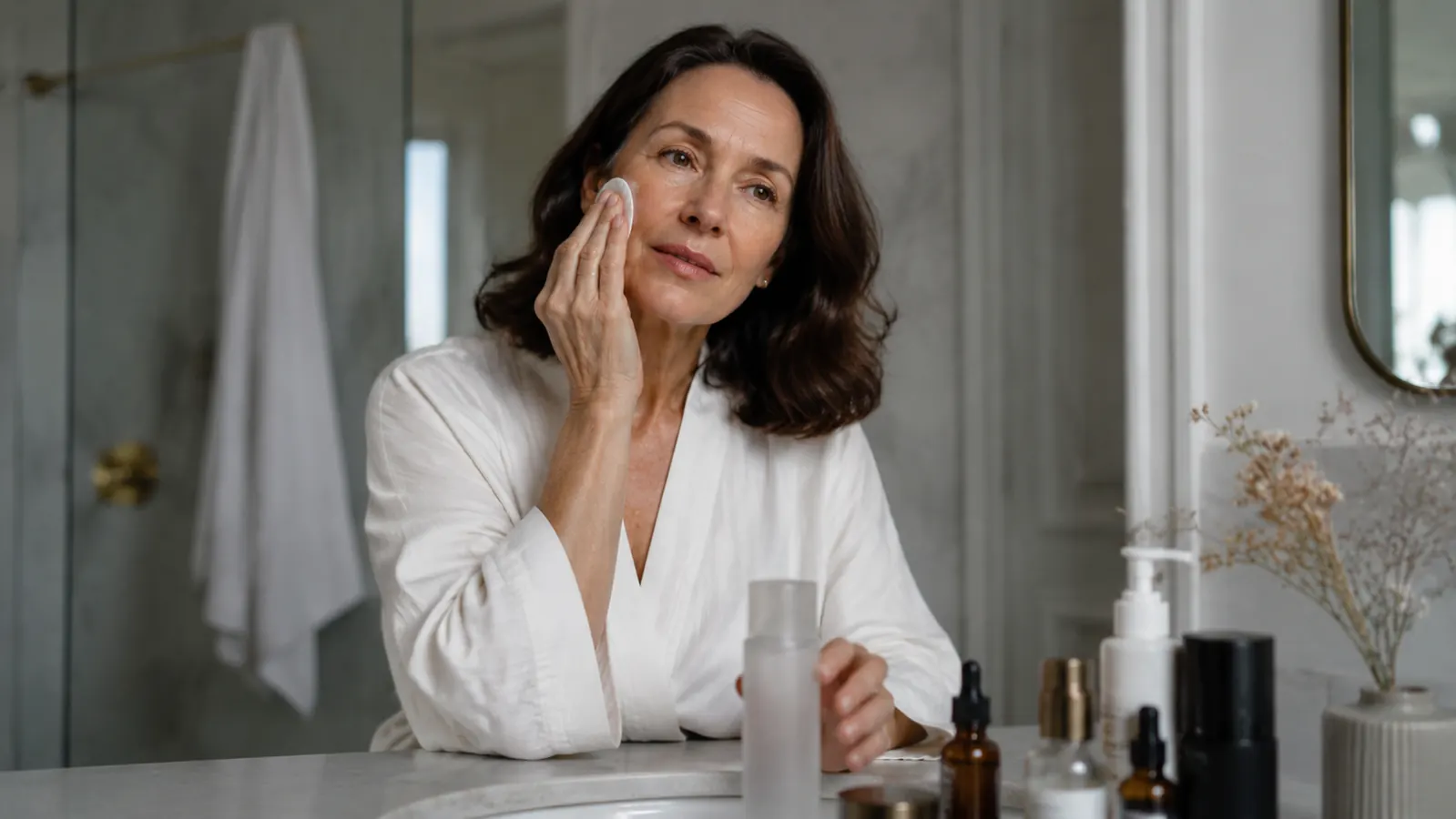 Woman applying toner with a cotton pad after cleansing, bathroom counter with minimal skincare products visible