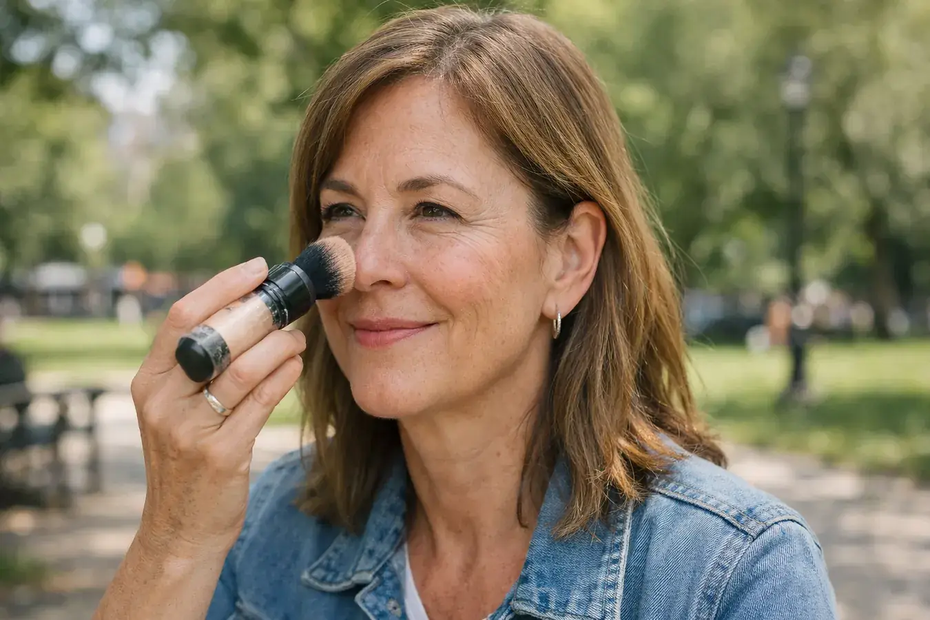 Woman touching up sunscreen over light makeup outdoors at midday using a powder SPF brush