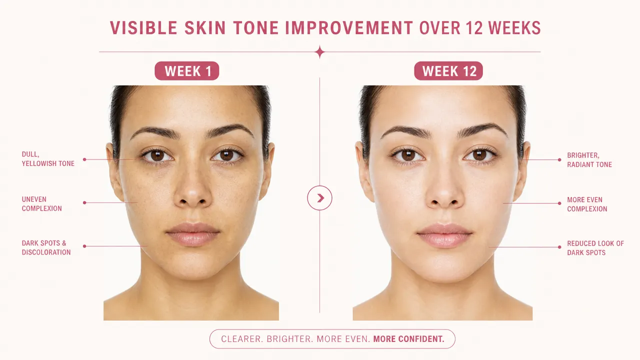 Side-by-side skin close-up showing dull uneven skin tone on the left and brighter more even skin on the right