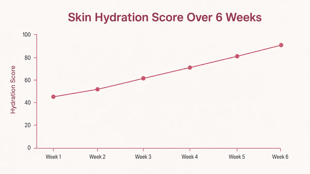 Chart showing skin hydration level over six weeks of daily use, with a steady upward trend after week two